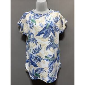 Cupio Women's Top Short Sleeve Slub Knit Blouse Blue White Floral Stretchy Small